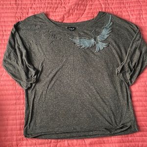 Distressed sequin bird top